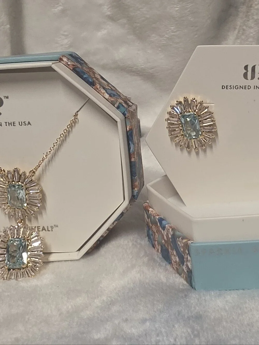 Gold-Tone Aqua Crystal Sunburst Necklace & Earrings Set Matching March Birthday